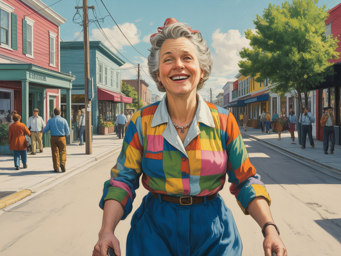 A cheerful older woman in a colorful outfit walking confidently down a sunny small-town street.