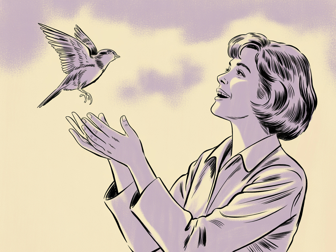 A woman releases a bird from her hands with a peaceful expression outdoors in a 1960s editorial illustration style.