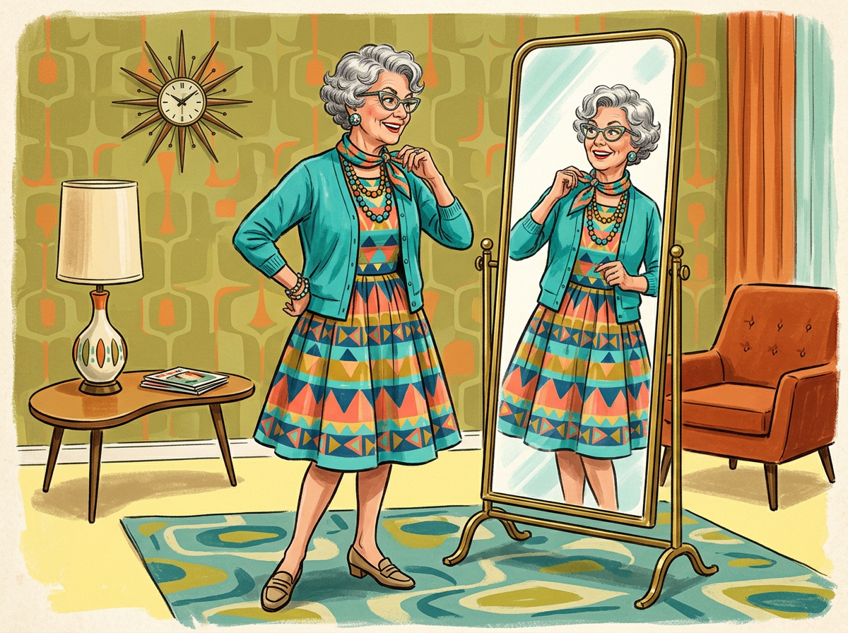 Vintage illustration of a confident older woman in colorful clothing smiling at her reflection