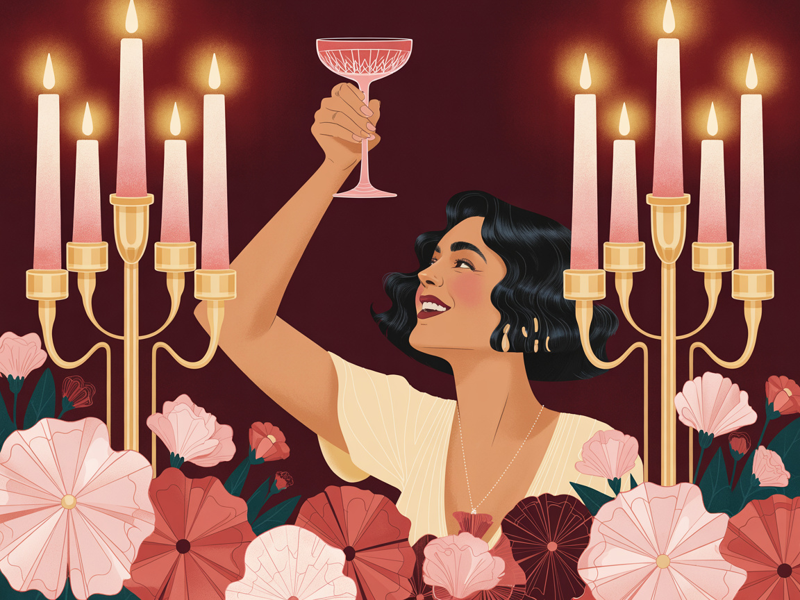 A radiant woman raises a crystal glass in a toast at an elegantly decorated Art Deco table glowing with candlelight