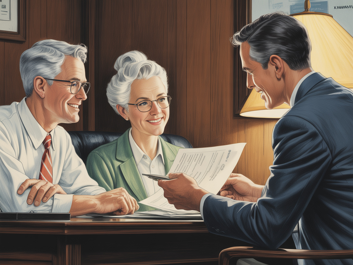 An older couple meeting with a friendly financial advisor in a warm, wood-paneled office.
