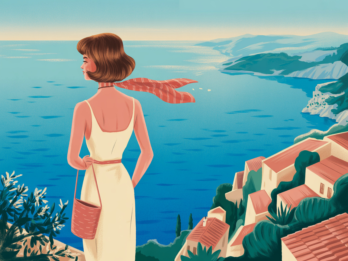 A stylish woman stands on a scenic coastal overlook with a breeze in her scarf in a 1960s editorial illustration style.
