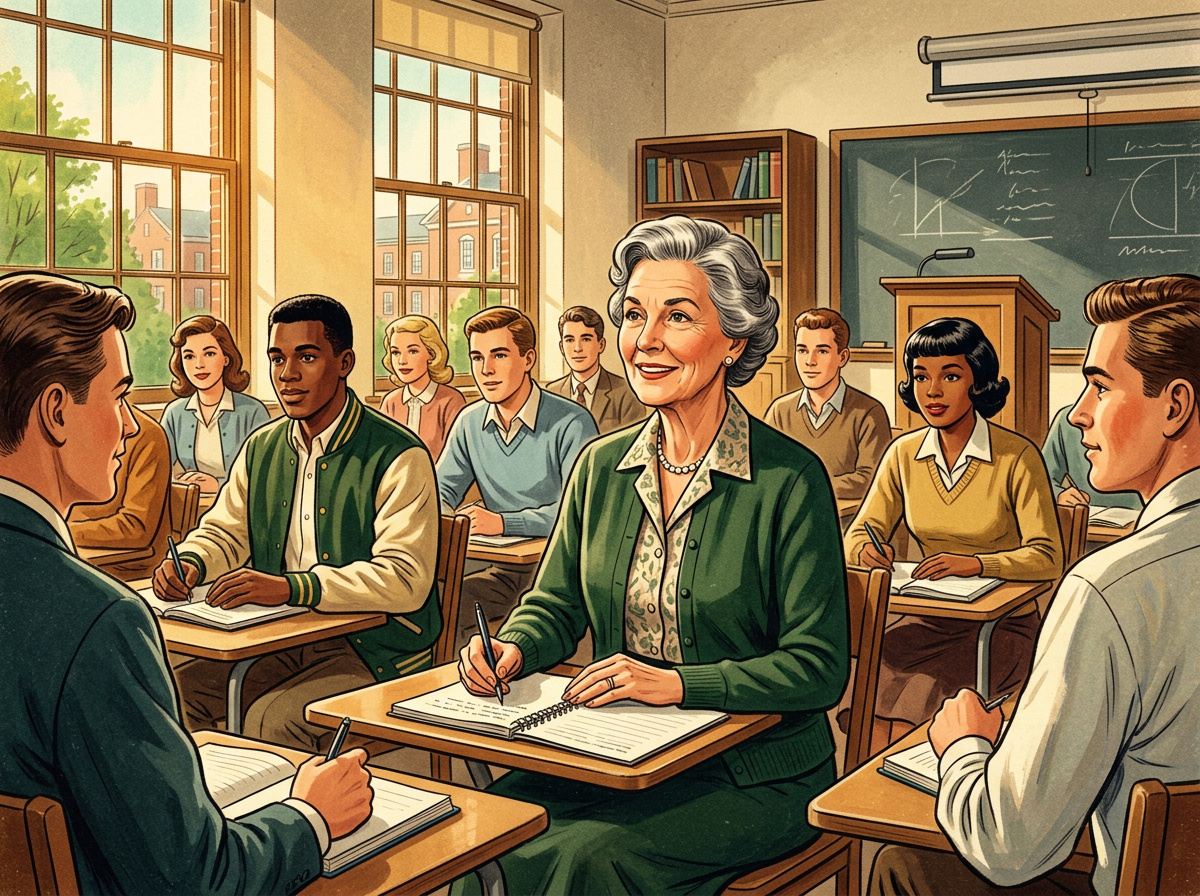 Vintage illustration of an older woman studying in a bright classroom alongside younger students
