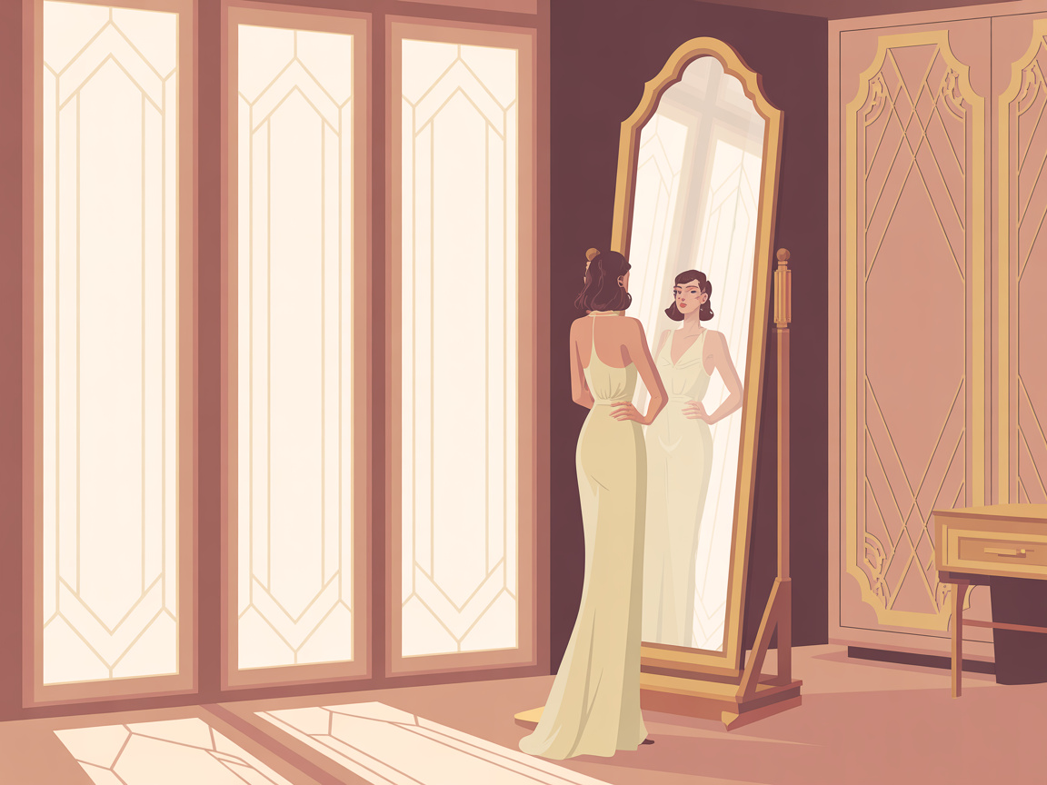 A stylish woman stands before an ornate Art Deco mirror in a glamorous sunlit boudoir surrounded by elegant geometric furniture