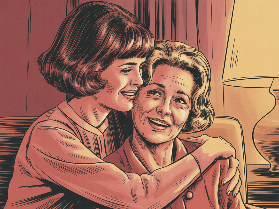 A woman embraces an older woman tenderly in a warmly lit mid-century living room in a 1960s editorial illustration style.