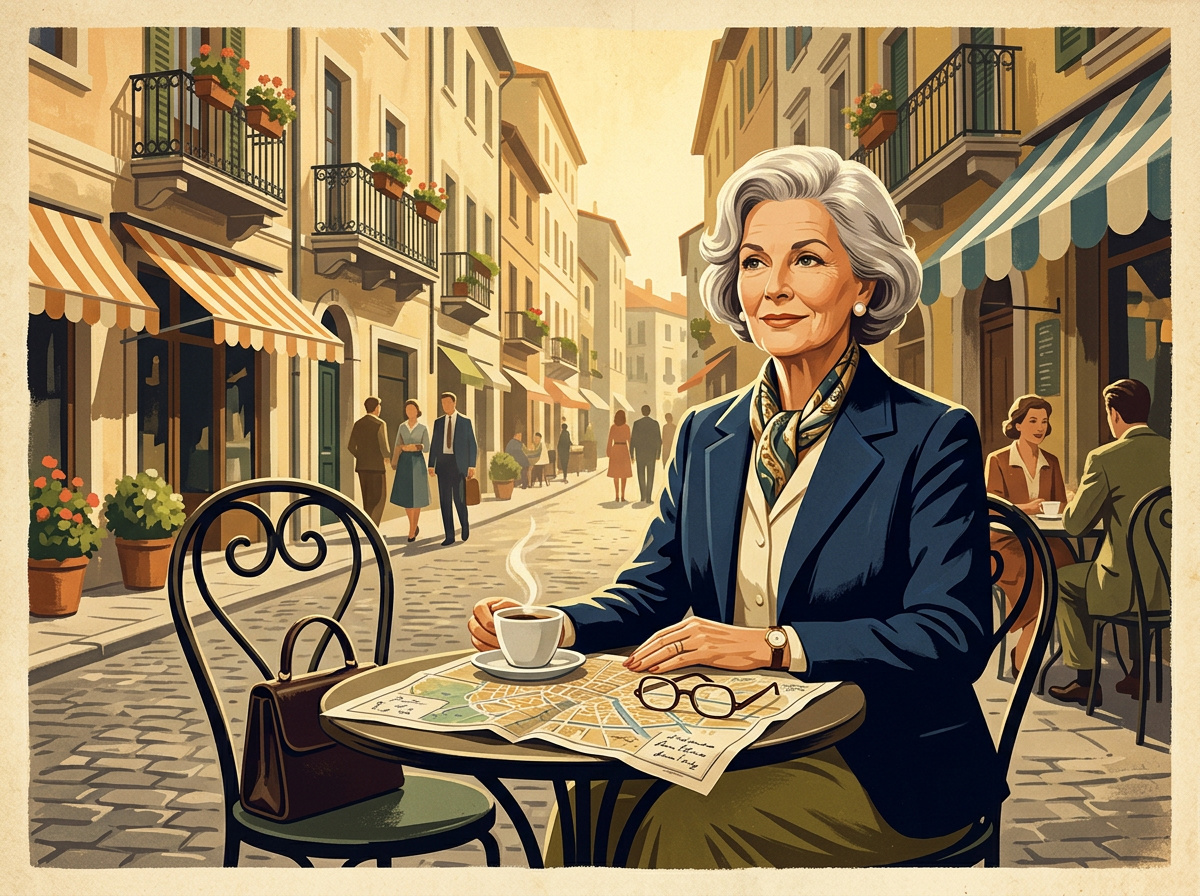 Vintage illustration of an older woman dining alone at a charming European cafe with quiet confidence