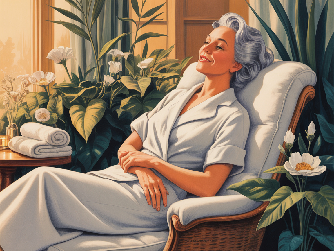 Vintage illustration of an elegant older woman relaxing at a spa with warm golden lighting and botanicals