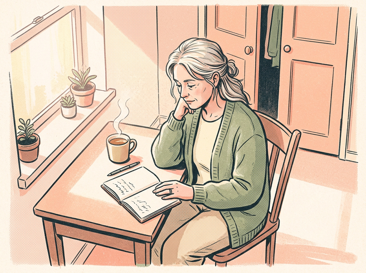 A woman over 50 sitting at a desk with a notebook before starting her closet cleanout