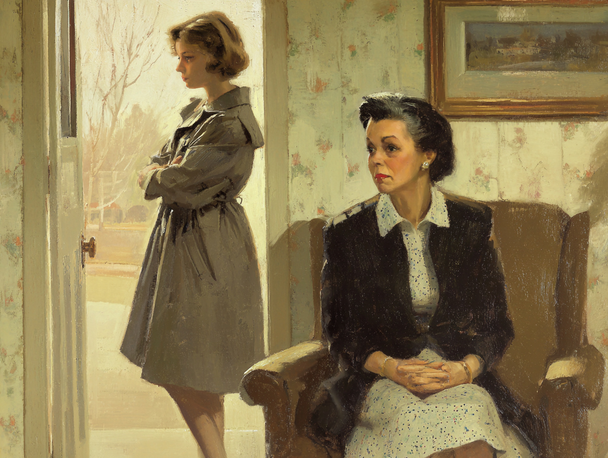A mother watching her adult daughter leave, choosing to stay quiet and trust her.