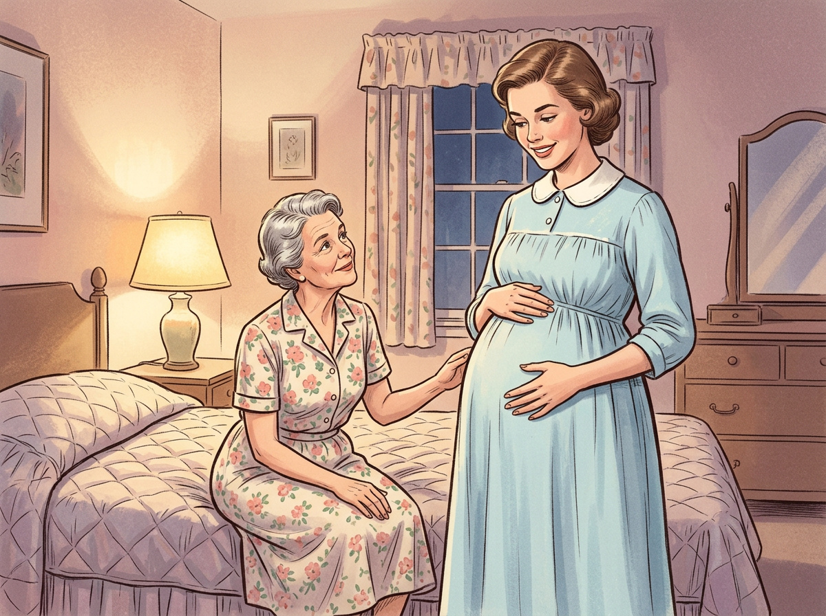 Vintage illustration of a pregnant young woman and her mother sharing a reassuring moment at home