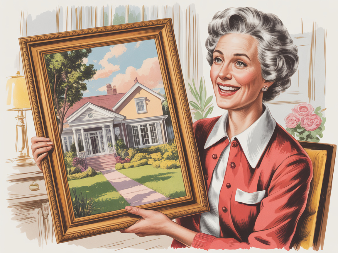 Older woman holding a framed custom portrait painting of her home in a warm living room