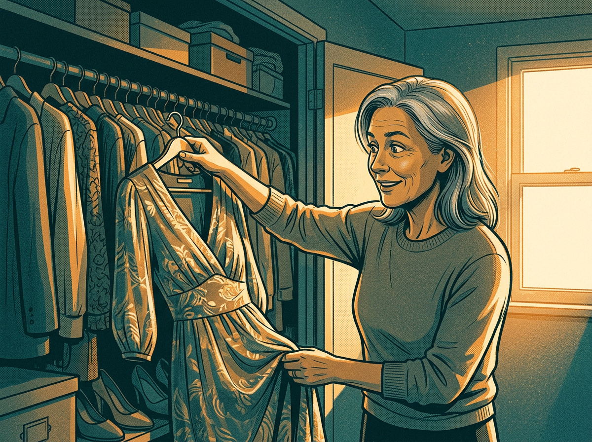 A woman over 50 discovering a beautiful dress she has been saving for a special occasion