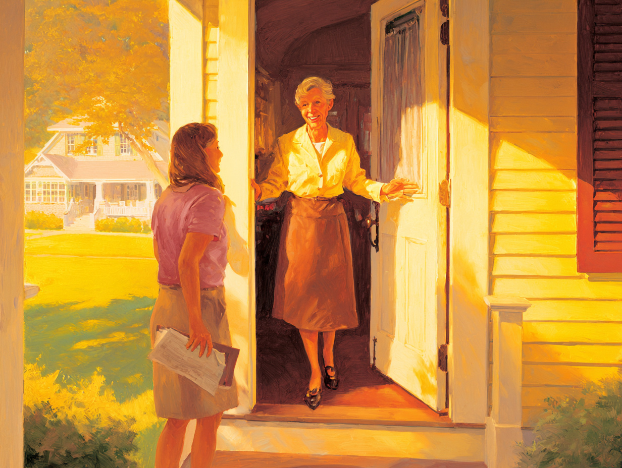 An adult daughter happily arriving at her mother's door, welcomed warmly and freely.