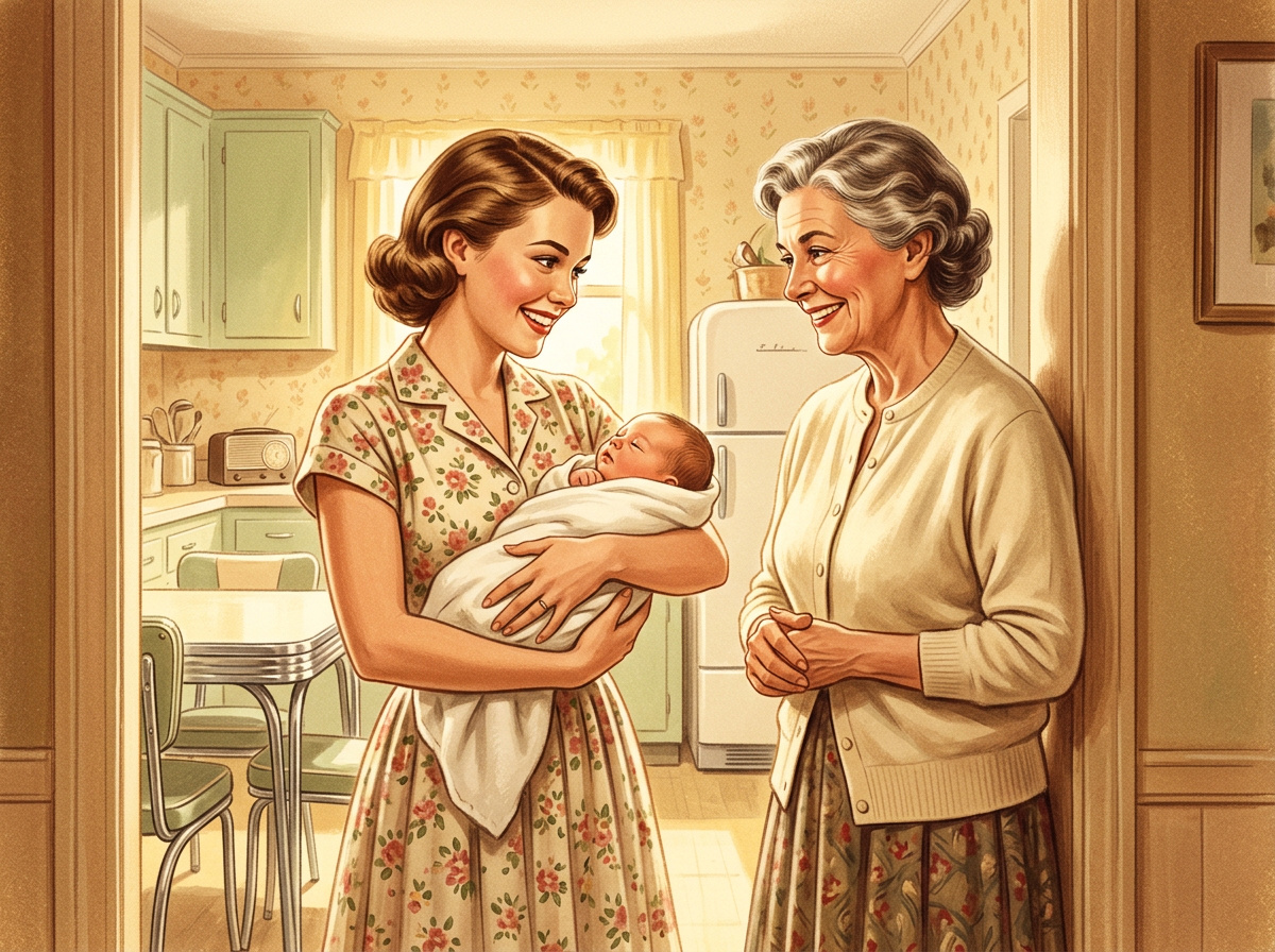 Vintage illustration of a proud grandmother standing warmly beside her daughter who holds her new baby in a sunny kitchen