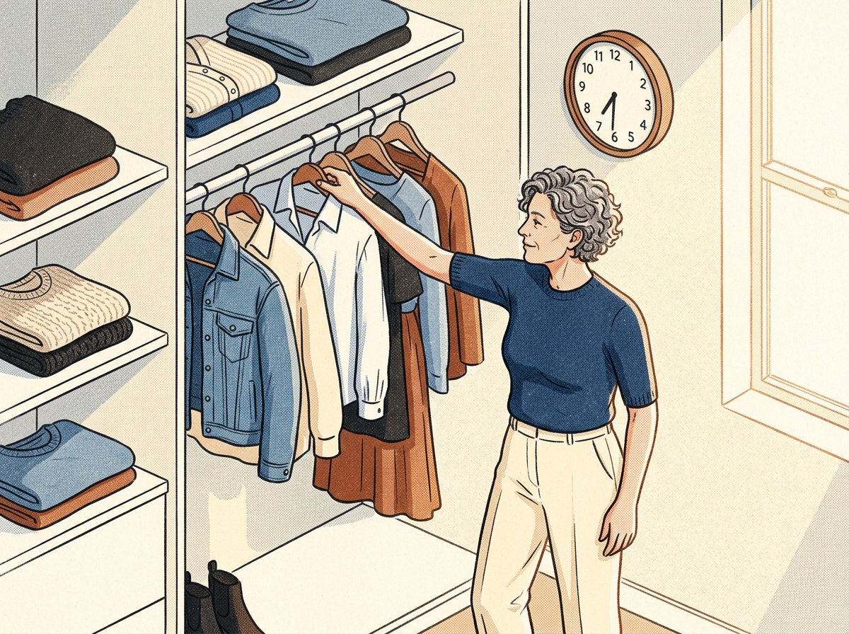 A woman over 50 getting dressed easily and quickly in a well-organized capsule wardrobe closet