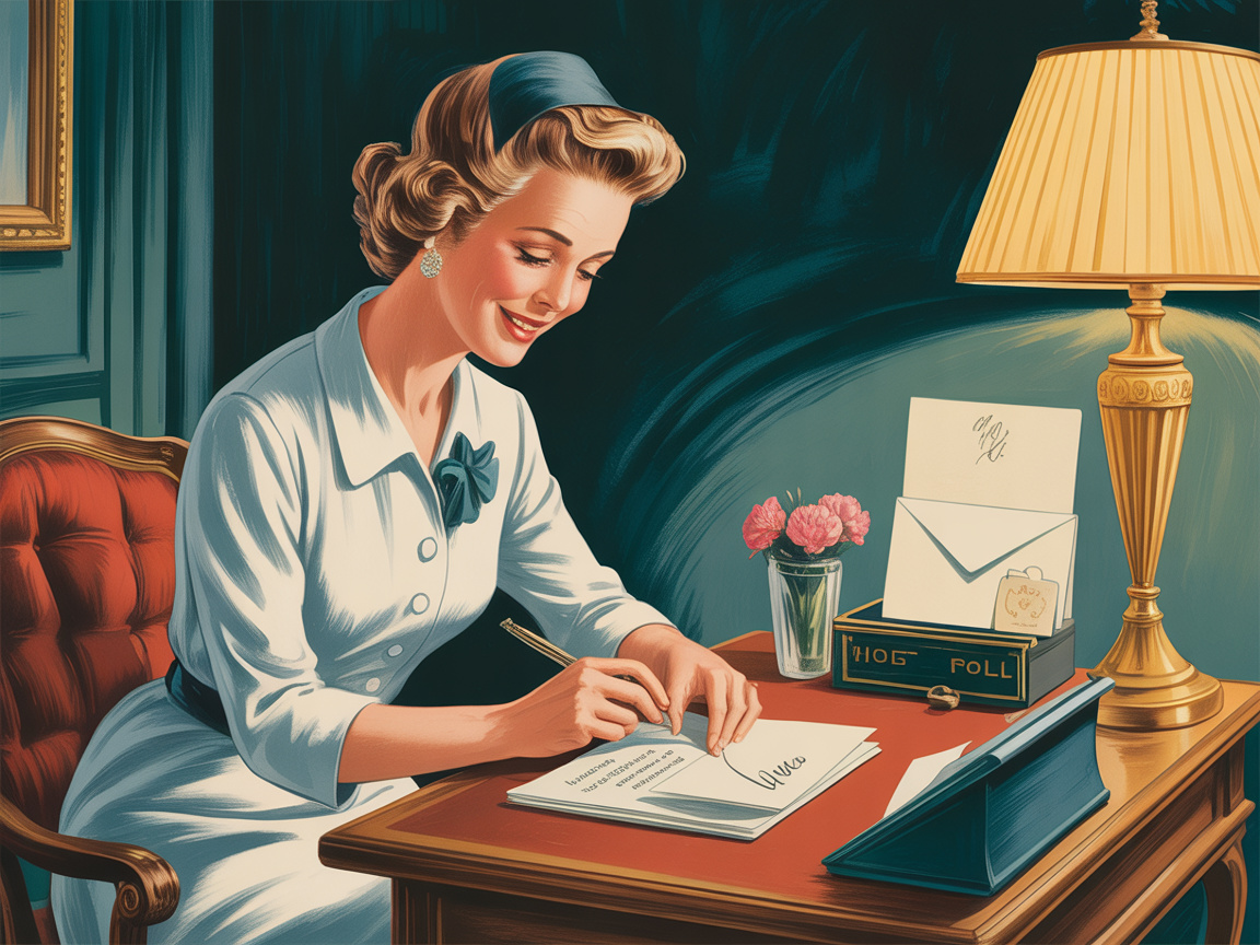 Refined older woman writing a handwritten note on elegant personalized stationery at a classic desk