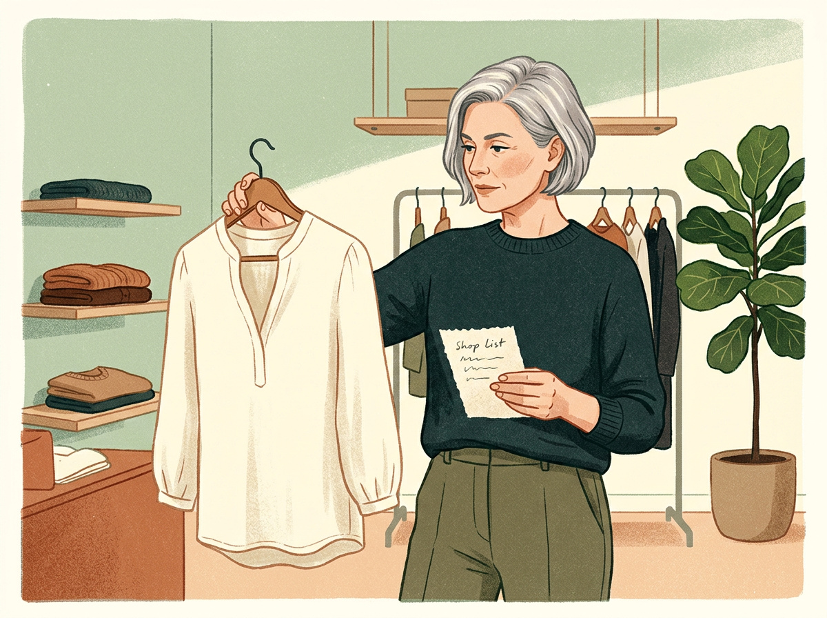 A woman over 50 shopping mindfully in a boutique after completing a closet cleanout