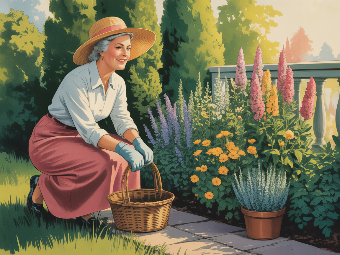 Vintage illustration of an older woman gardening in a lush flower garden on a warm afternoon