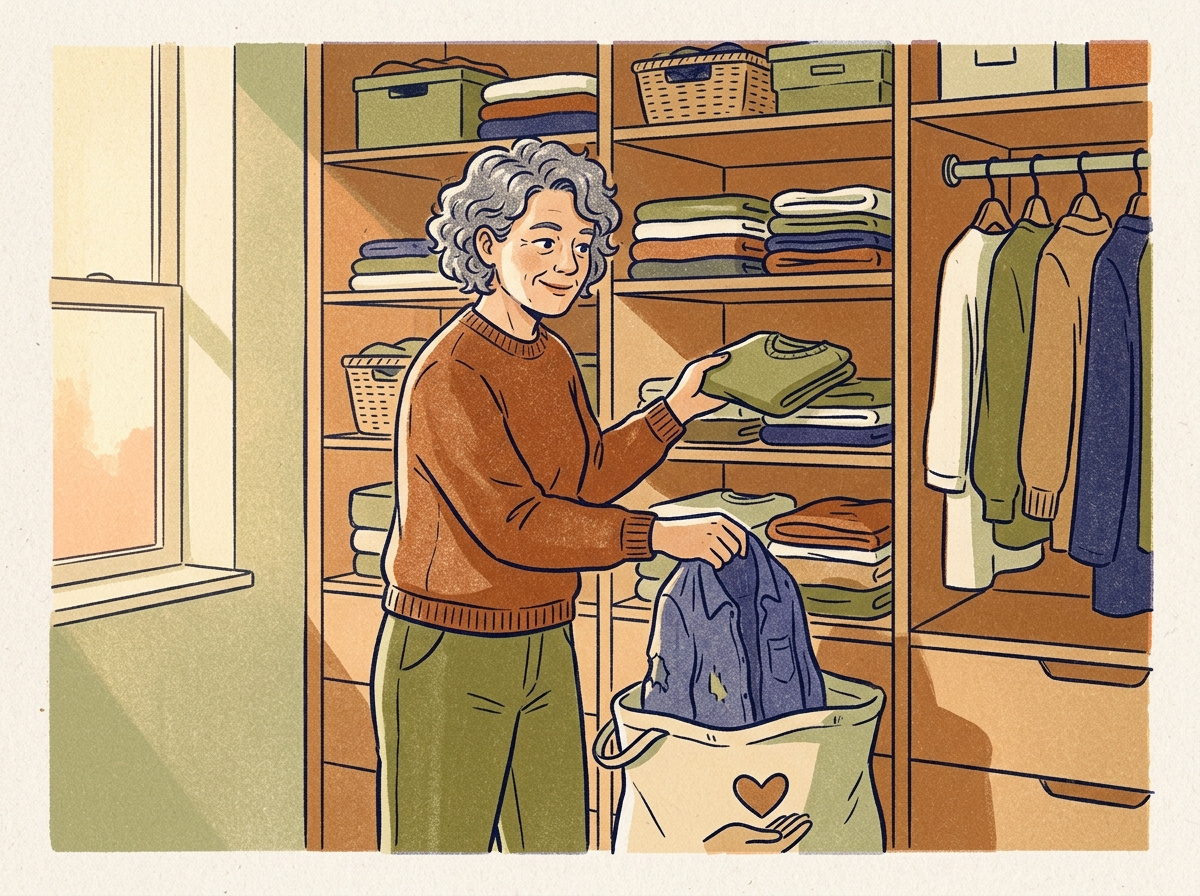A woman over 50 practicing the one-in one-out rule while adding a new item to her organized closet
