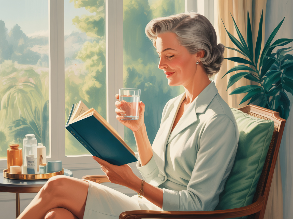 Vintage illustration of an older woman relaxing and reading in a sunlit room with wellness items nearby
