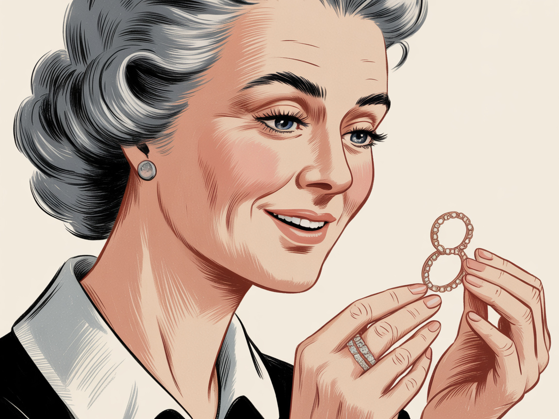 Vintage illustration of an older woman admiring a meaningful piece of personalized jewelry in warm soft lighting
