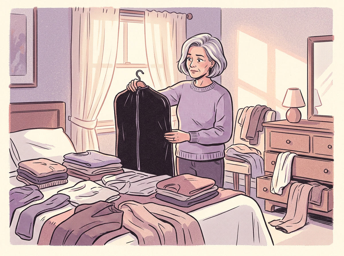 A woman over 50 holding up old clothing and deciding whether to keep it