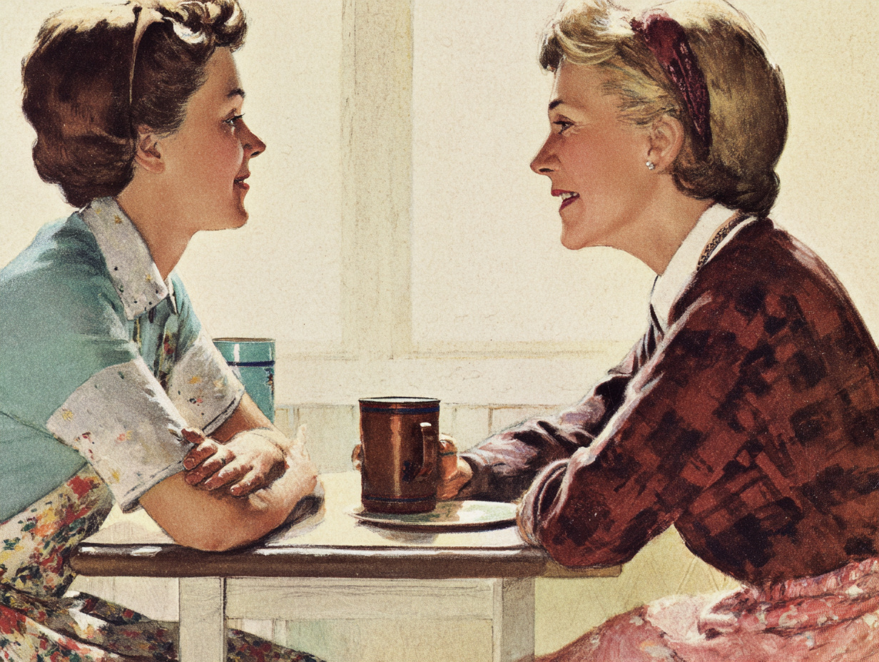 A mother and her adult daughter sharing an easy, warm conversation over tea.