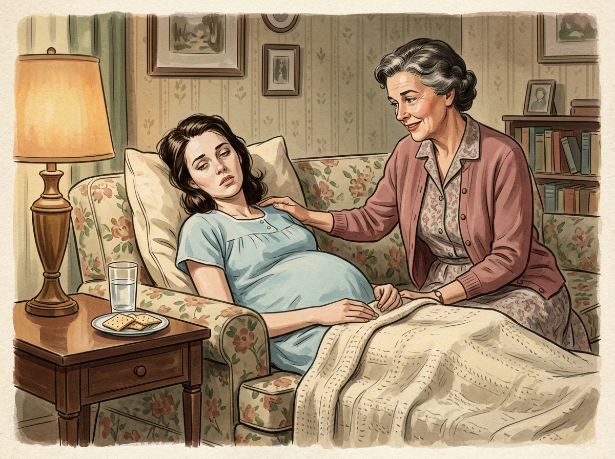 Vintage illustration of an exhausted first-trimester pregnant daughter resting while her mother comforts her