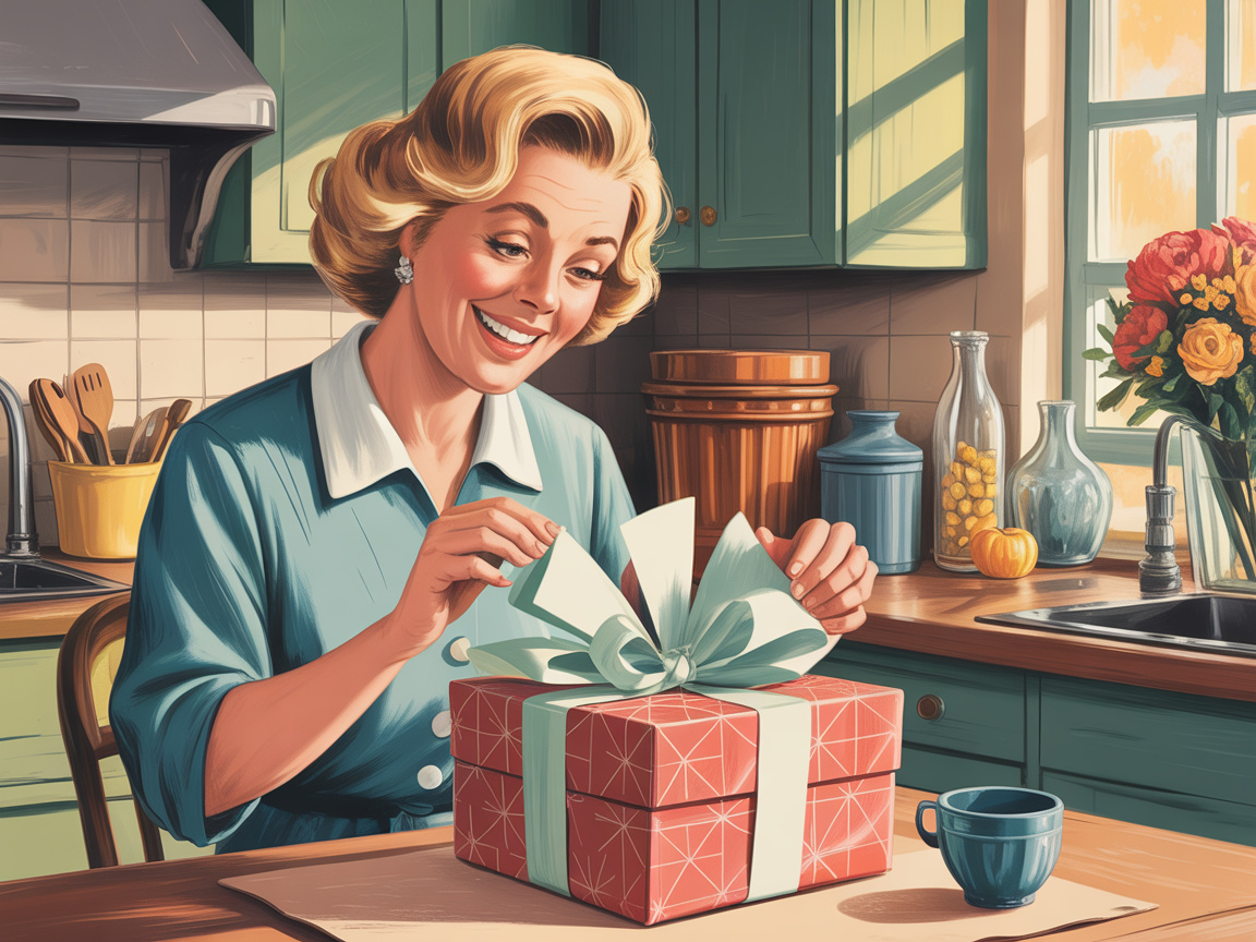 Vintage illustration of an older woman happily opening a curated subscription box at a sunny kitchen table