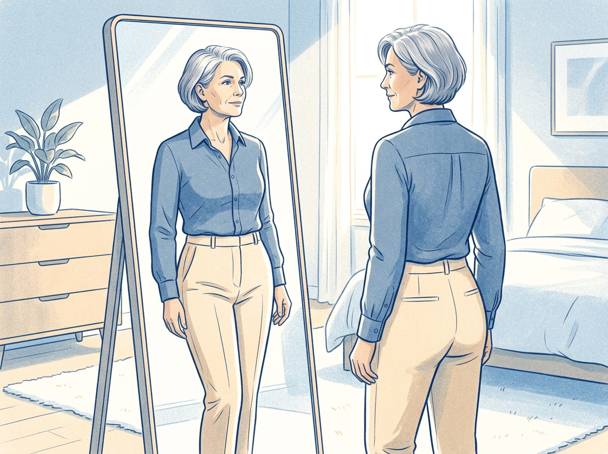 A woman over 50 checking the fit of her outfit in a full-length mirror