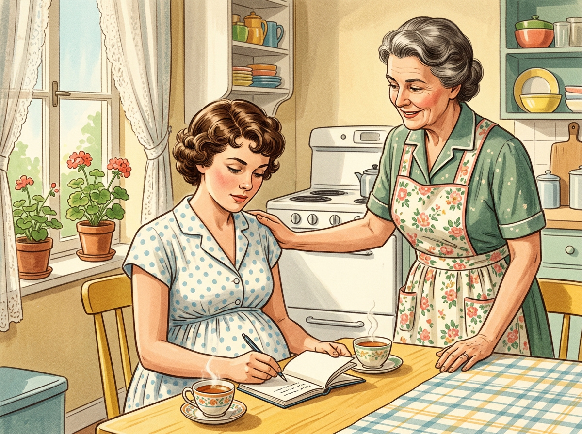 Vintage illustration of a pregnant young woman writing notes at the kitchen table with her mother nearby