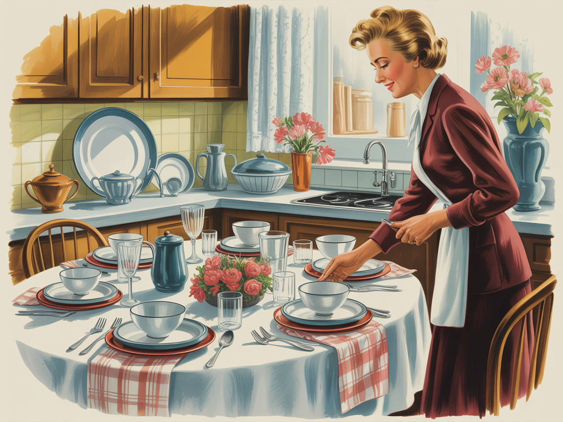 Vintage illustration of an older woman arranging a beautiful kitchen table with fine ceramics and linen in warm lighting