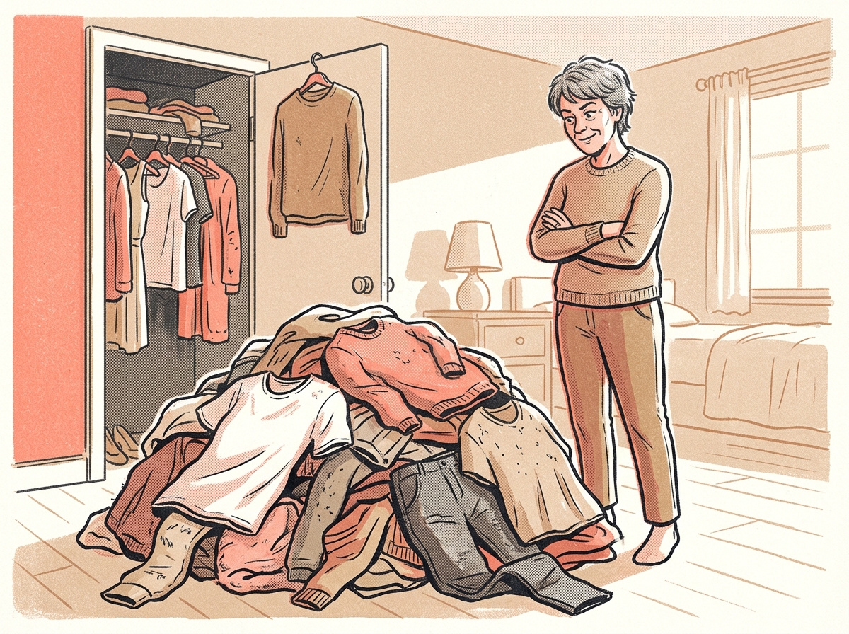 A woman over 50 looking at a pile of worn fast-fashion clothes she is ready to let go of