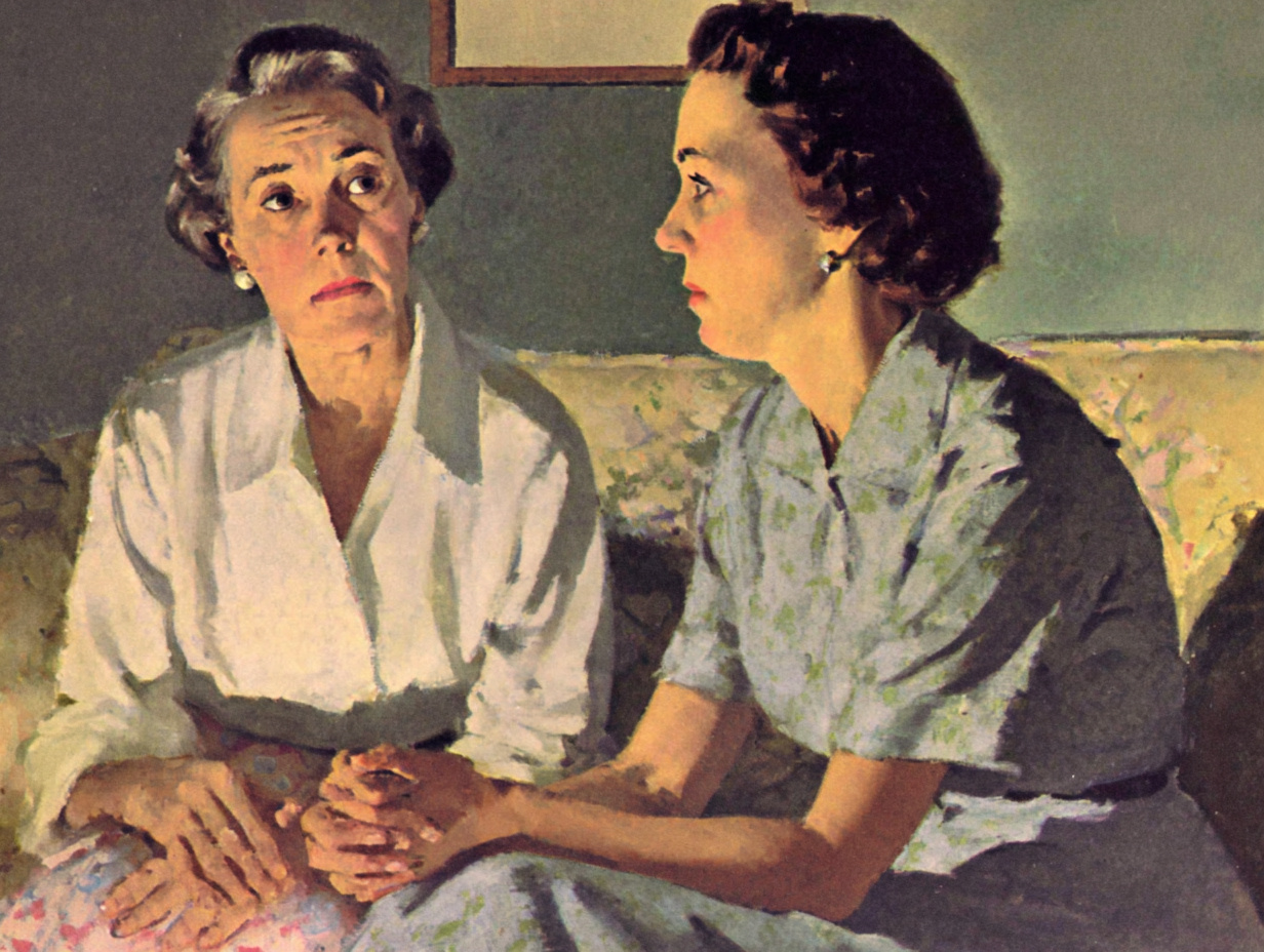 A mother sitting close to her adult daughter during a serious, heartfelt conversation.