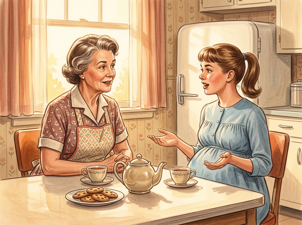 Vintage illustration of a pregnant daughter and her attentive mother talking over tea at the kitchen table