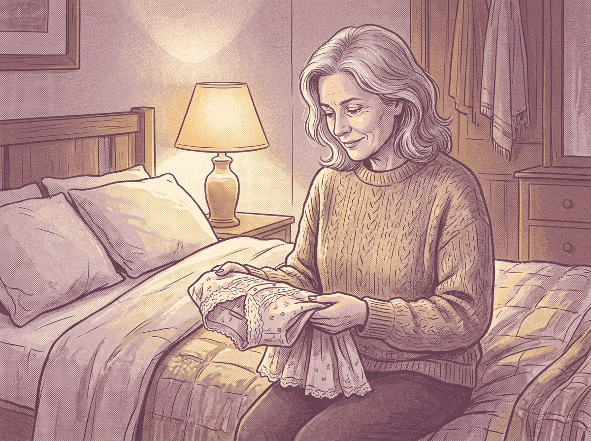 A woman over 50 thoughtfully holding a sentimental piece of clothing while deciding whether to keep it