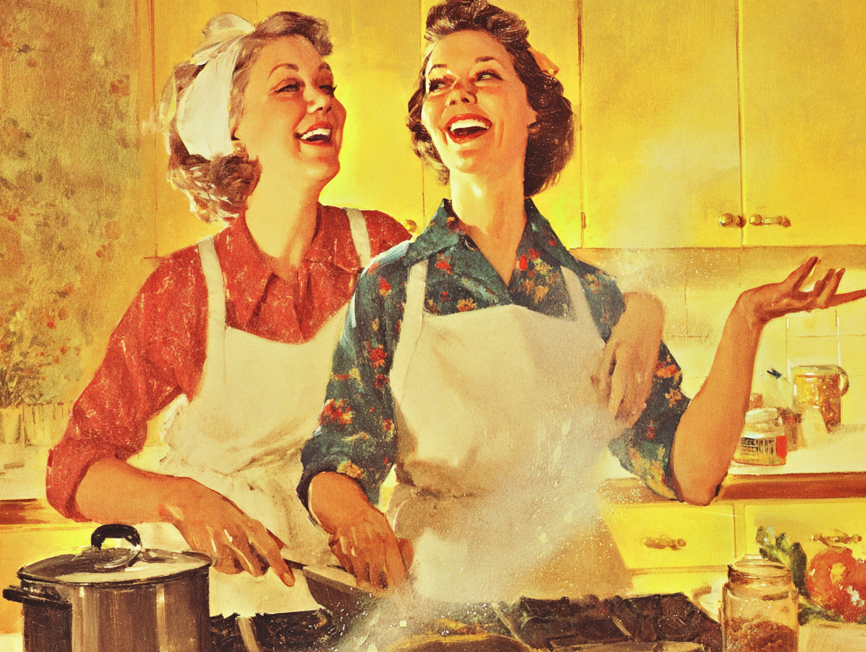 A mother and adult daughter cooking together happily in a warm home kitchen.