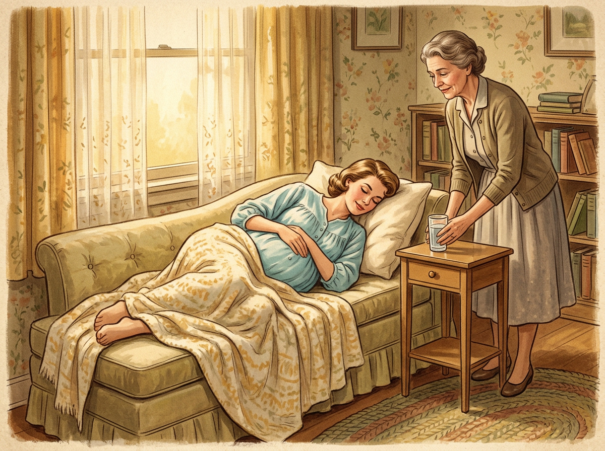 Vintage illustration of a pregnant young woman napping while her mother quietly looks after her