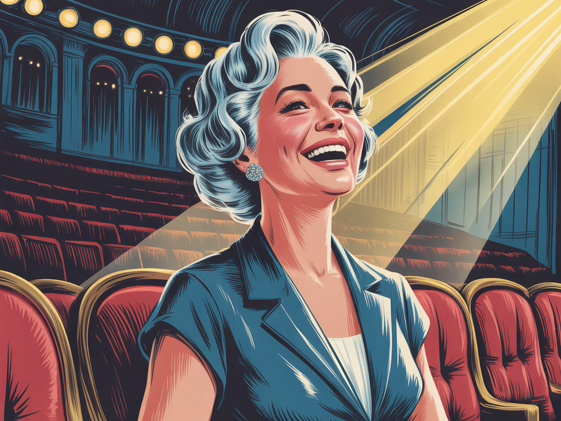 Vintage illustration of an older woman in elegant attire enjoying a live performance in a warmly lit theater
