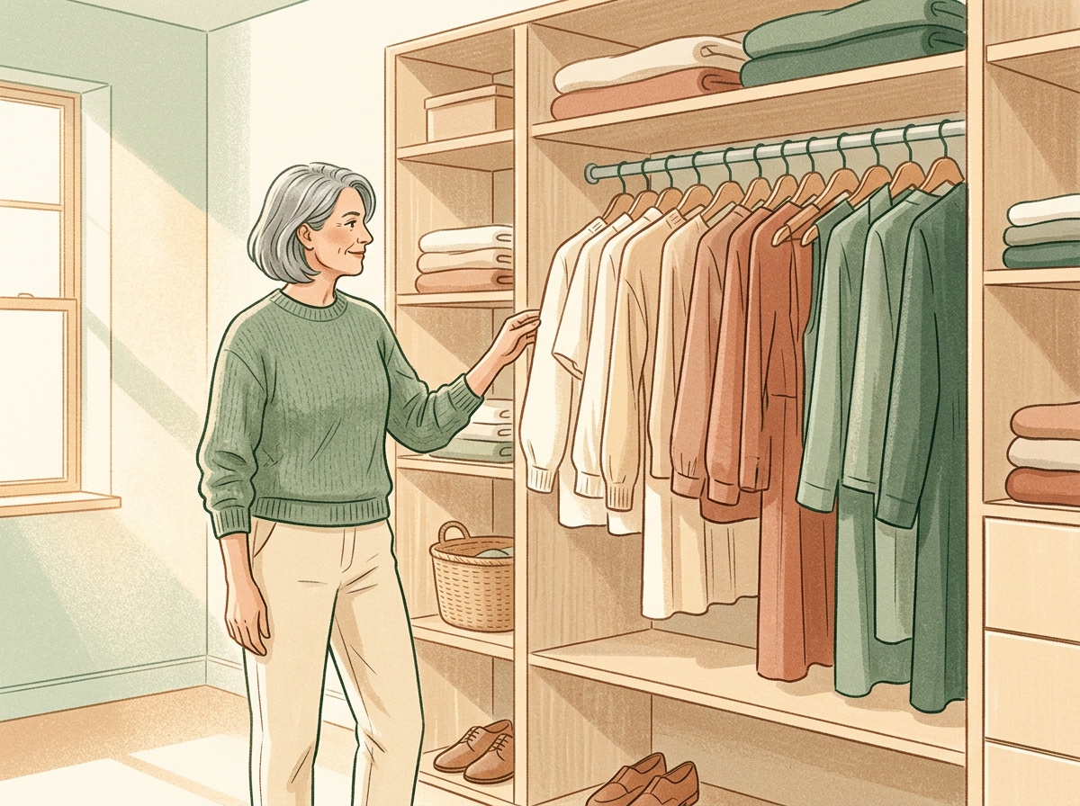 A woman over 50 standing in front of a color-coordinated closet after a cleanout