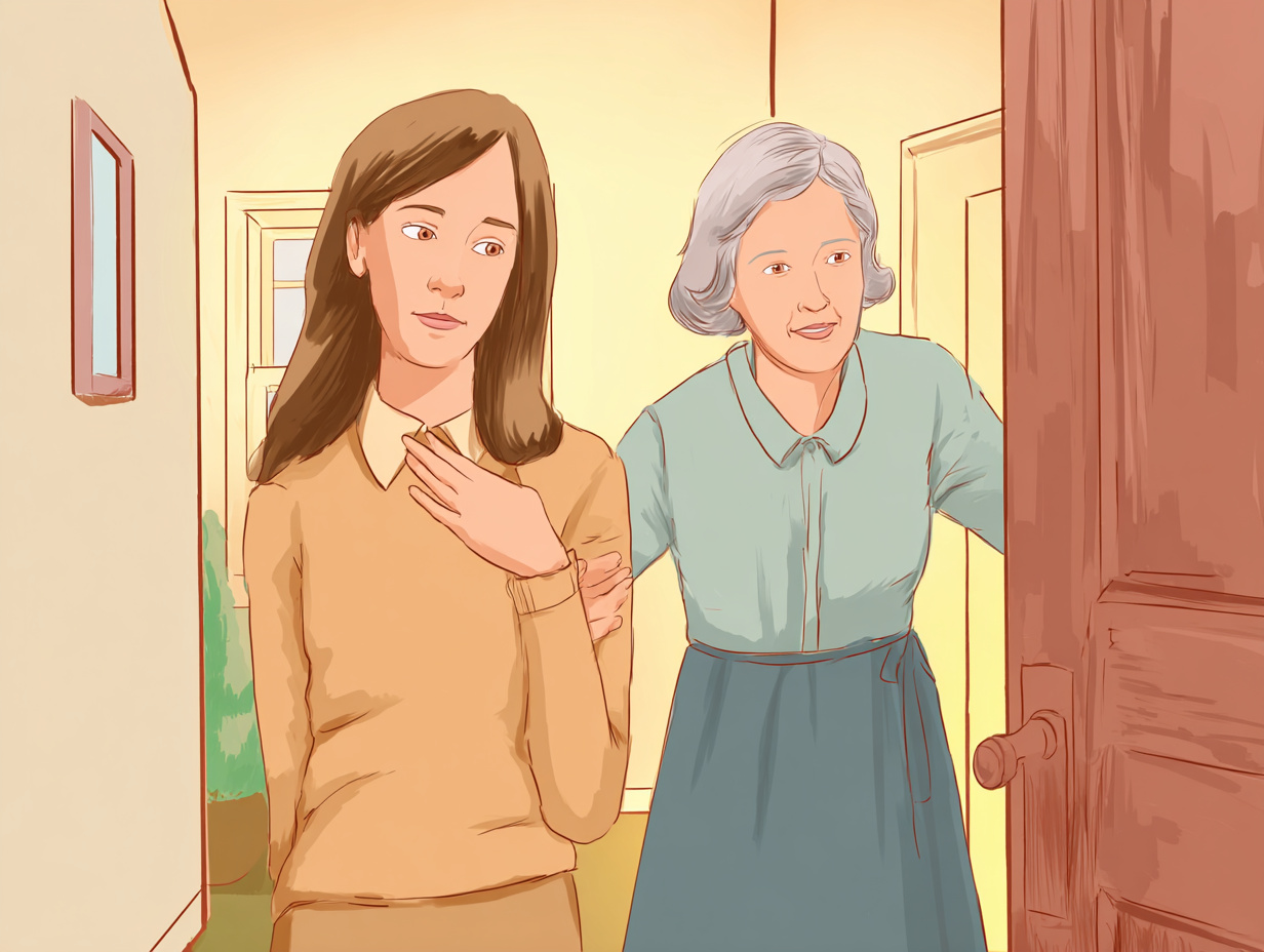 An adult daughter gently reassuring her worried mother as she heads out the door.