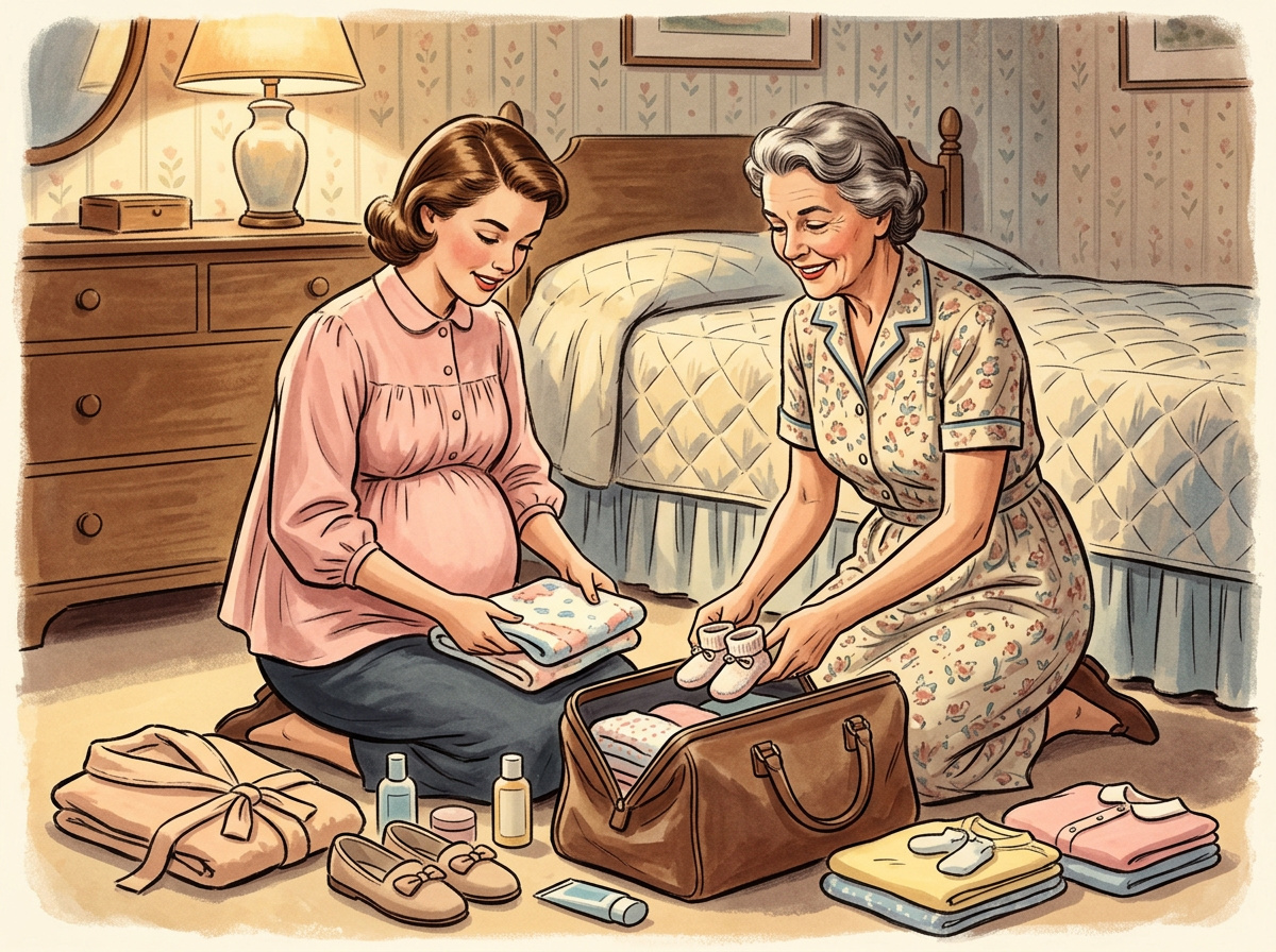 Vintage illustration of a pregnant daughter and her mother packing a hospital bag together on the bedroom floor