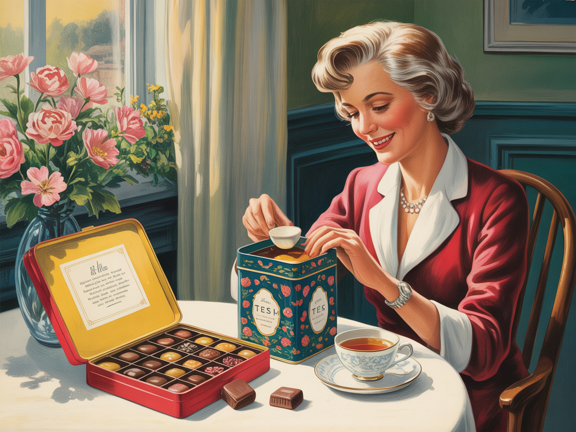 Elegant older woman opening a tin of fine tea and artisan chocolates at a cozy breakfast table