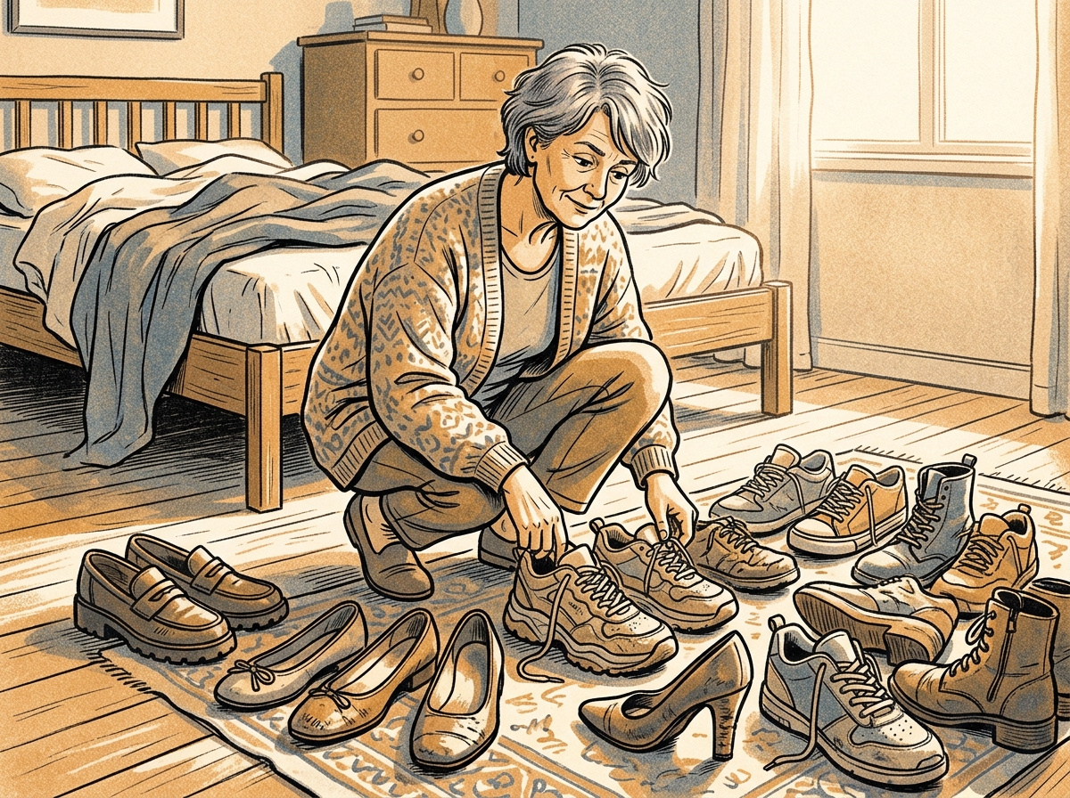 A woman over 50 sorting through a collection of shoes during a closet cleanout