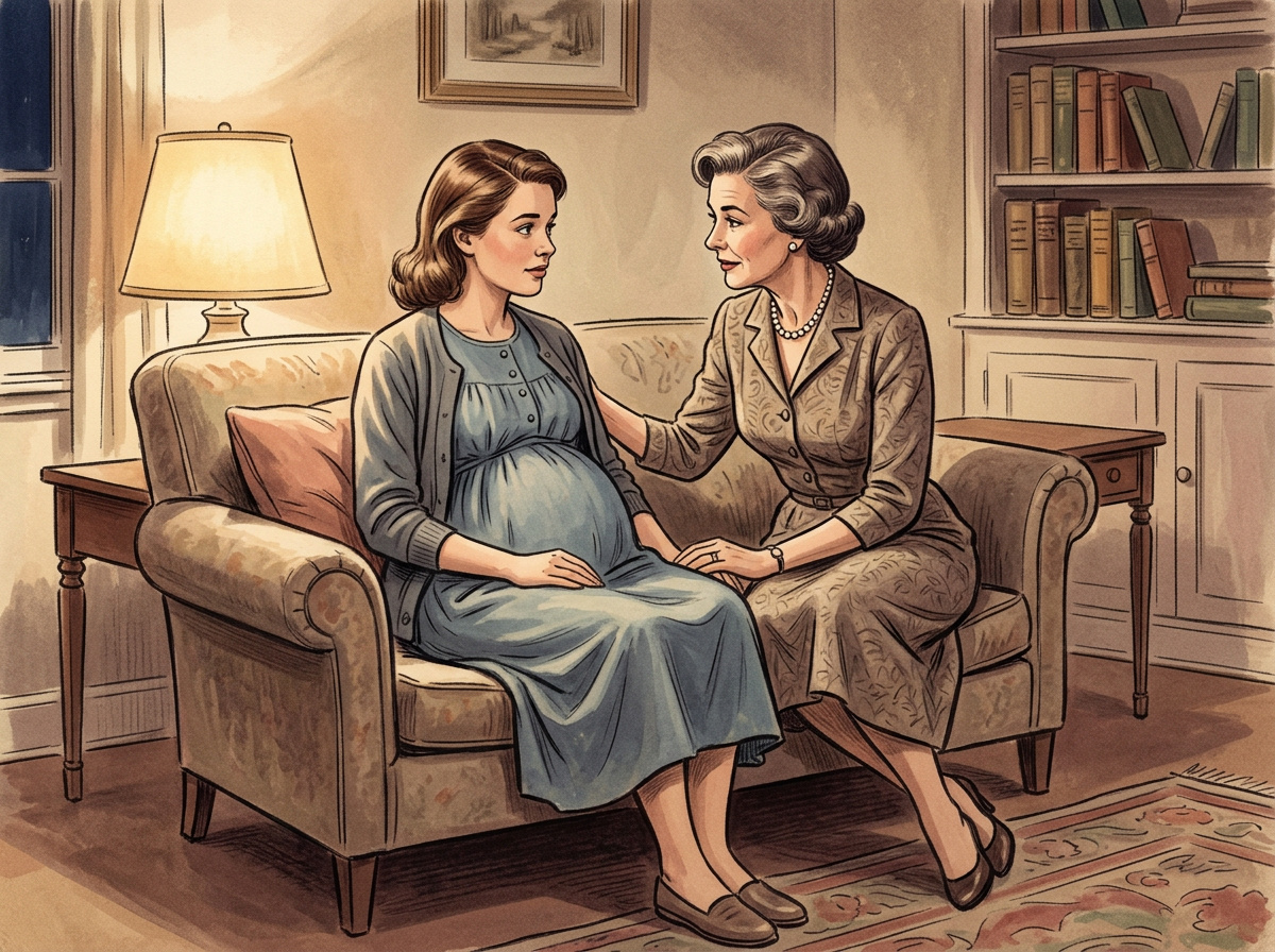 Vintage illustration of a pregnant daughter having a quiet heart-to-heart conversation with her mother on the sofa