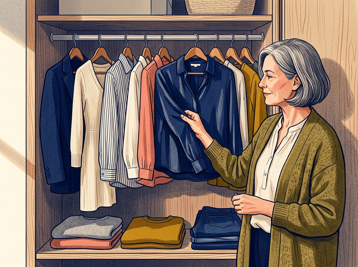 A woman over 50 examining a well-made garment in a thoughtfully edited closet
