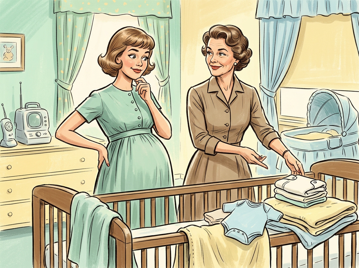 Vintage illustration of a pregnant daughter and her mother evaluating baby shower registry items in a nursery