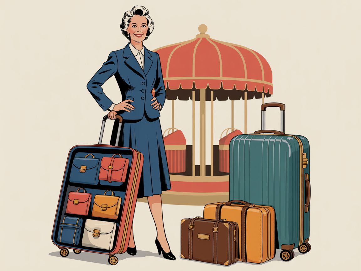 Well-dressed older woman with a stylish suitcase and elegant leather travel accessories