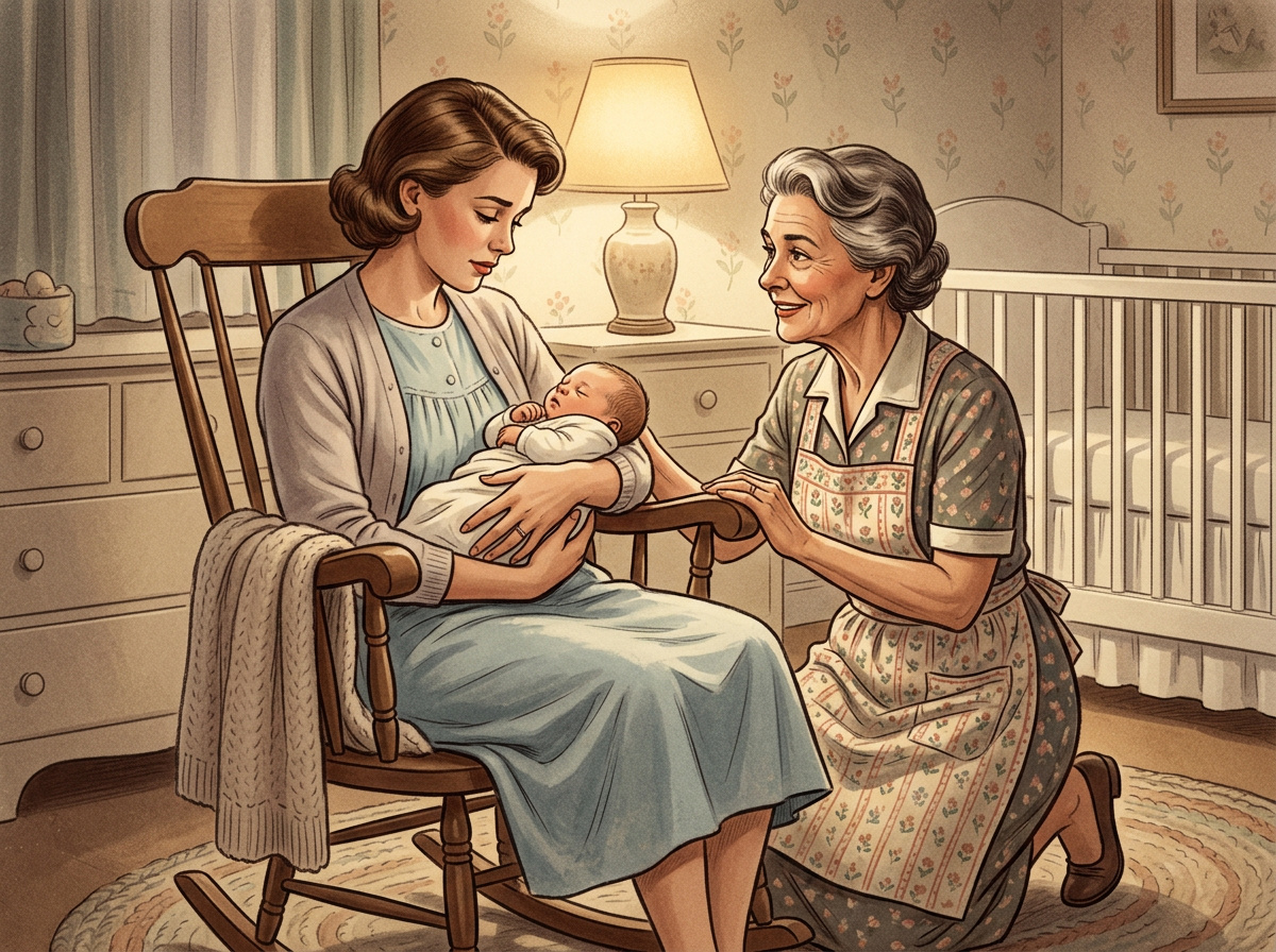 Vintage illustration of a new mother in a rocking chair with her newborn while her own mother offers quiet support