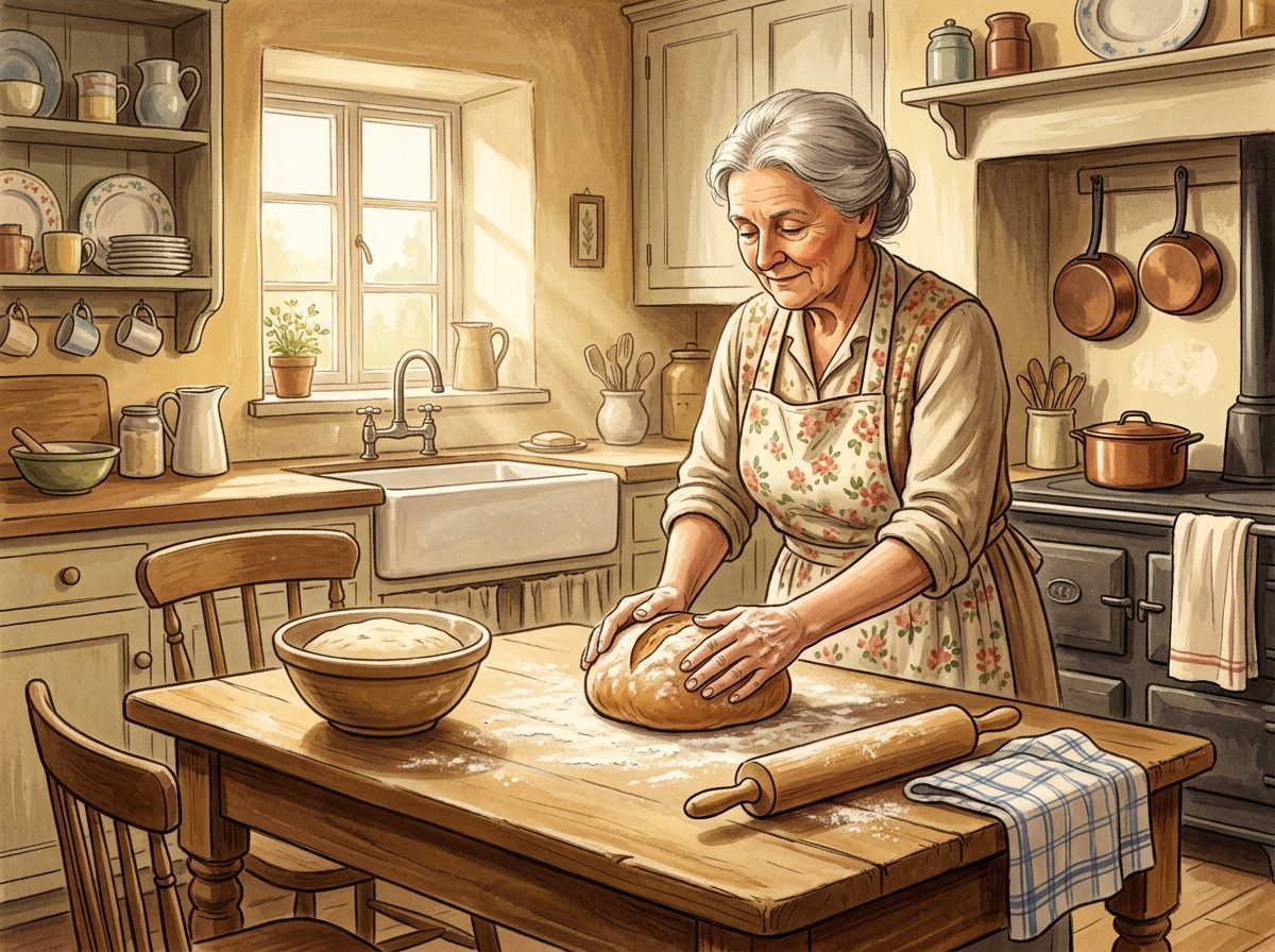Older woman shaping bread dough by hand on a flour-dusted wooden kitchen table in a warm vintage illustration style.
